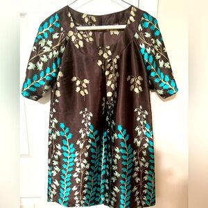 Glam Brown A-line Dress with Blue Floral Patterns and 3/4 Raglan Sleeves